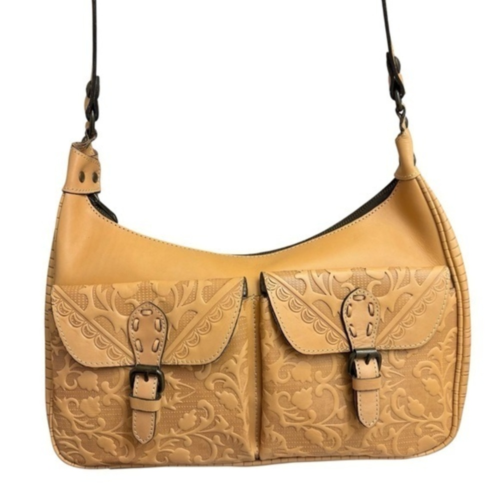 Patricia Nash tan embossed leather double pocket messenger bag
